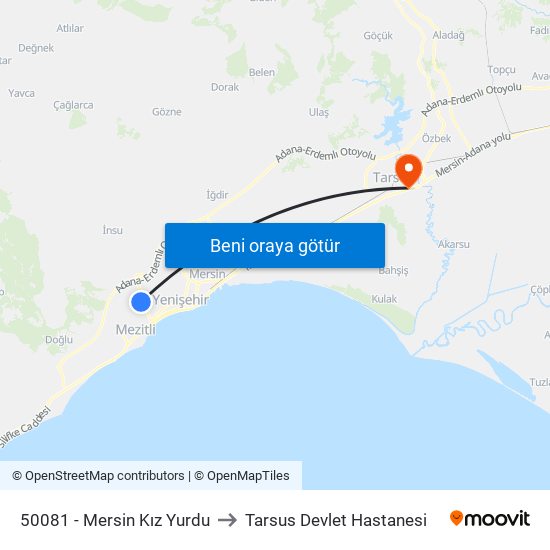 50081 - Mersin Kız Yurdu to Tarsus Devlet Hastanesi map