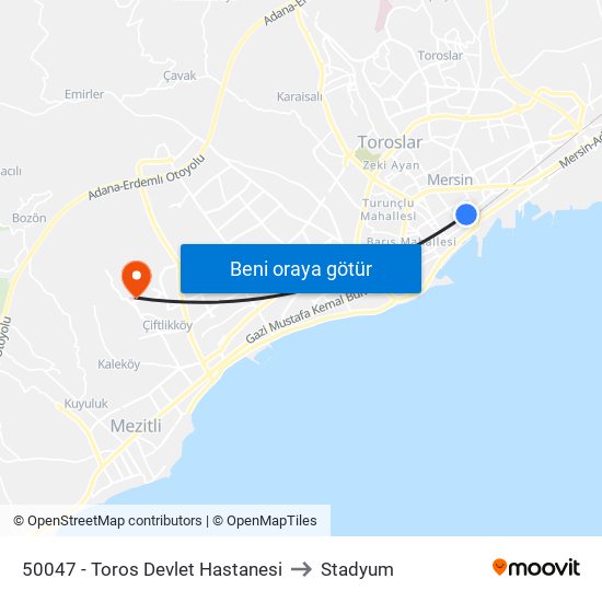 50047 - Toros Devlet Hastanesi to Stadyum map