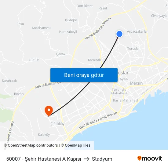 50007 - Şehir Hastanesi A Kapısı to Stadyum map