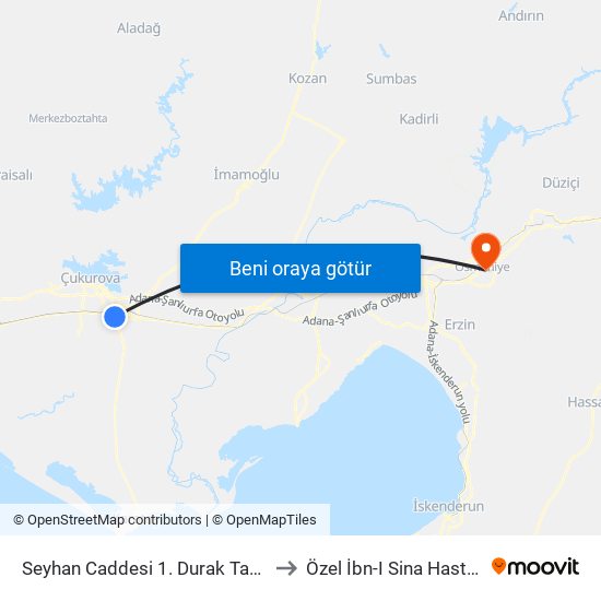 Seyhan Caddesi 1. Durak Taşköprü to Özel İbn-I Sina Hastanesi map