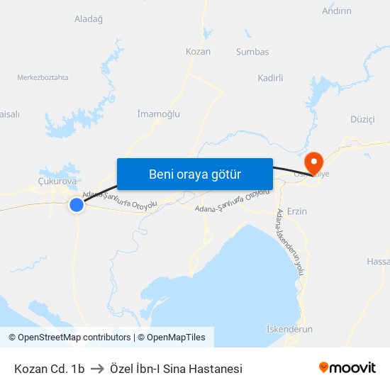 Kozan Cd. 1b to Özel İbn-I Sina Hastanesi map