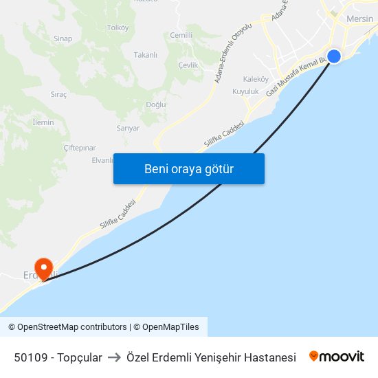50109 - Topçular to Özel Erdemli Yenişehir Hastanesi map