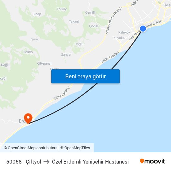 50068 - Çiftyol to Özel Erdemli Yenişehir Hastanesi map