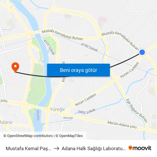 Mustafa Kemal Paşa 1 to Adana Halk Sağlığı Laboratuvarı map