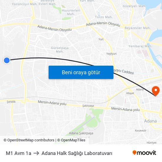 M1 Avm 1a to Adana Halk Sağlığı Laboratuvarı map