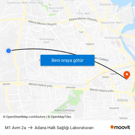 M1 Avm 2a to Adana Halk Sağlığı Laboratuvarı map