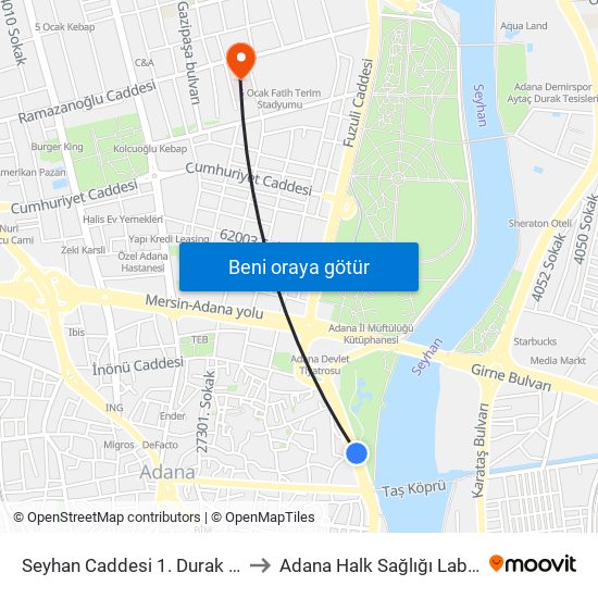 Seyhan Caddesi 1. Durak Taşköprü to Adana Halk Sağlığı Laboratuvarı map