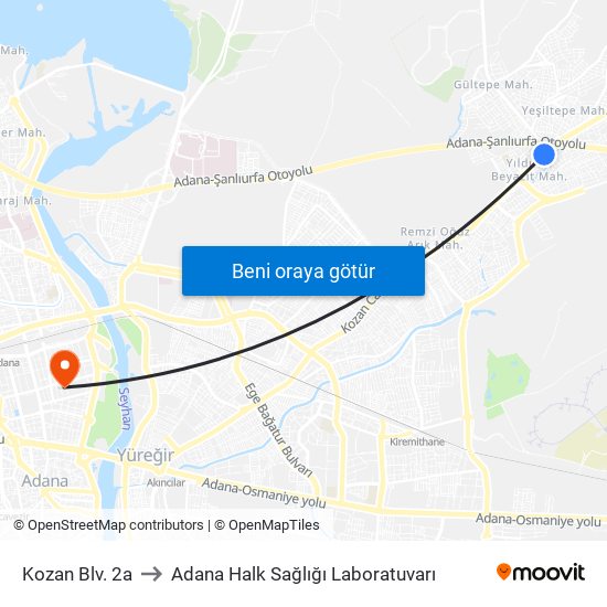 Kozan Blv. 2a to Adana Halk Sağlığı Laboratuvarı map