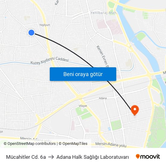 Mücahitler Cd. 6a to Adana Halk Sağlığı Laboratuvarı map