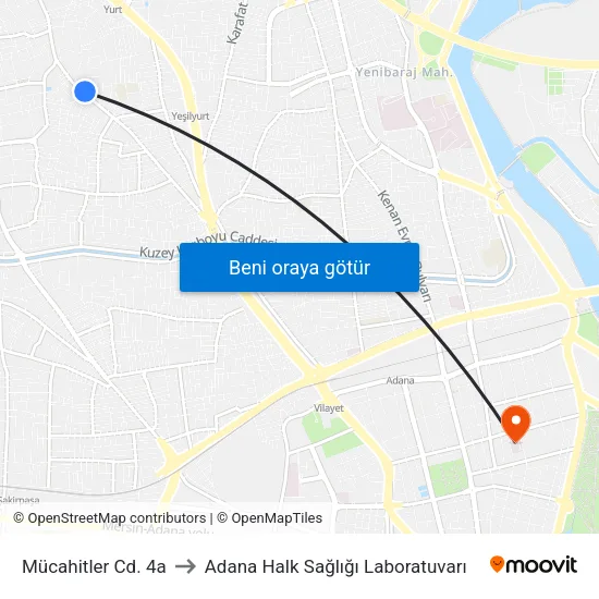 Mücahitler Cd. 4a to Adana Halk Sağlığı Laboratuvarı map