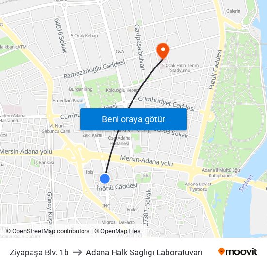 Ziyapaşa Blv. 1b to Adana Halk Sağlığı Laboratuvarı map