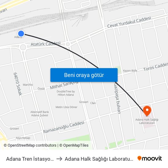 Adana Tren İstasyonu to Adana Halk Sağlığı Laboratuvarı map
