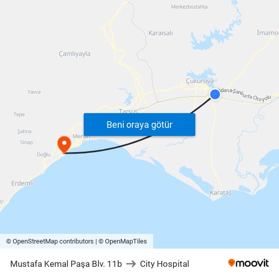 Mustafa Kemal Paşa Blv. 11b to City Hospital map