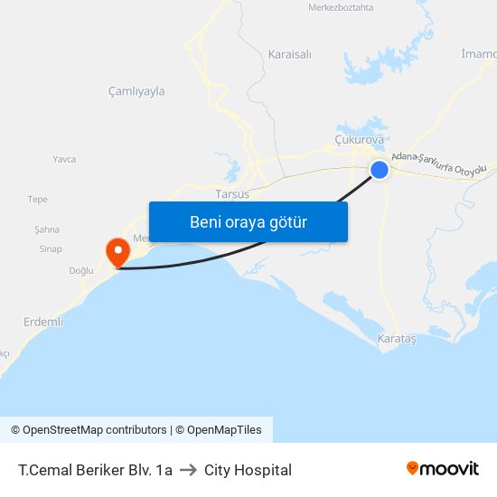 T.Cemal Beriker Blv. 1a to City Hospital map