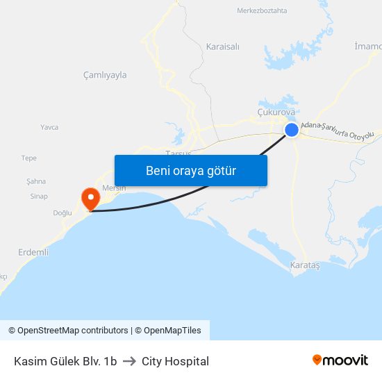 Kasim Gülek Blv. 1b to City Hospital map