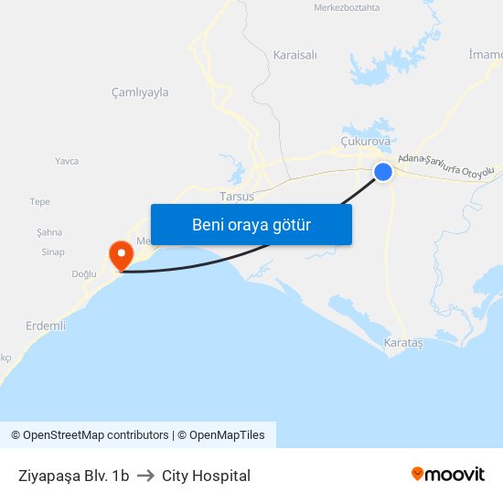 Ziyapaşa Blv. 1b to City Hospital map