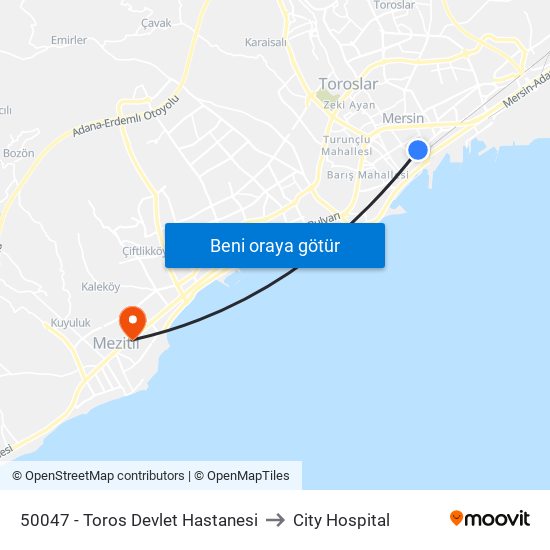 50047 - Toros Devlet Hastanesi to City Hospital map
