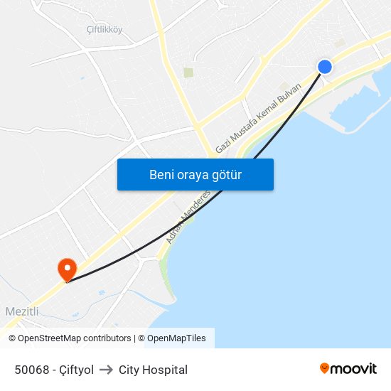50068 - Çiftyol to City Hospital map