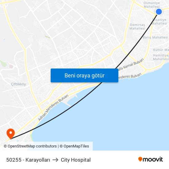 50255 - Karayolları to City Hospital map