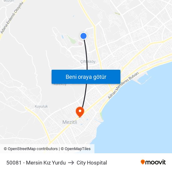 50081 - Mersin Kız Yurdu to City Hospital map