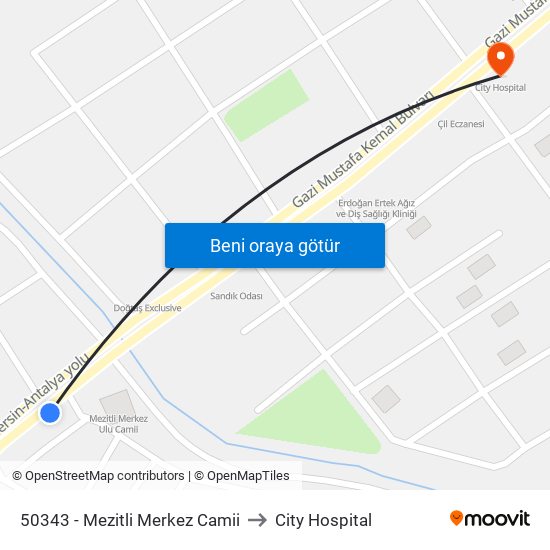 50343 - Mezitli Merkez Camii to City Hospital map