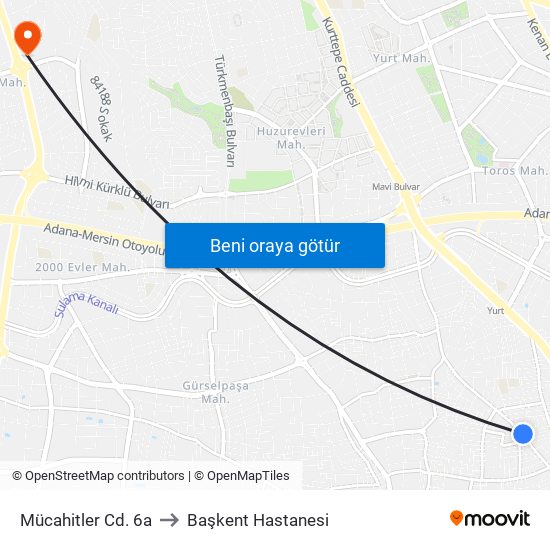 Mücahitler Cd. 6a to Başkent Hastanesi map