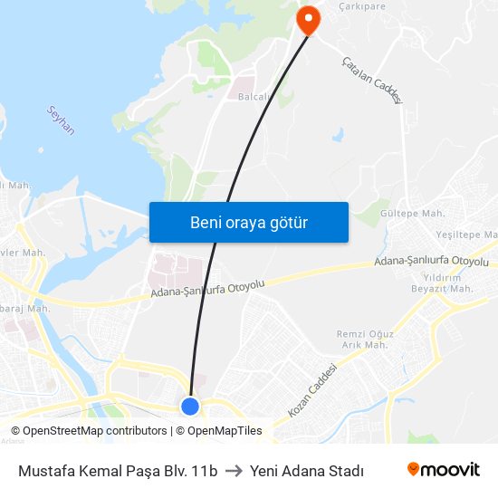 Mustafa Kemal Paşa Blv. 11b to Yeni Adana Stadı map