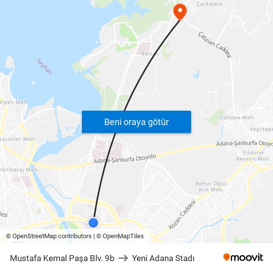 Mustafa Kemal Paşa Blv. 9b to Yeni Adana Stadı map