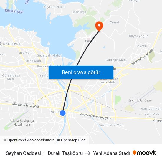 Seyhan Caddesi 1. Durak Taşköprü to Yeni Adana Stadı map