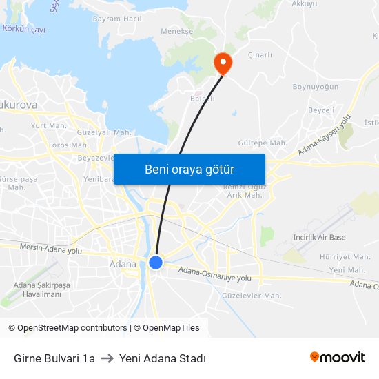 Girne Bulvari 1a to Yeni Adana Stadı map