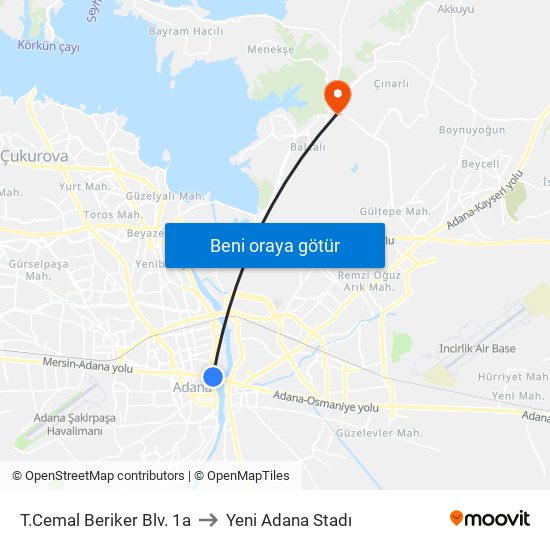 T.Cemal Beriker Blv. 1a to Yeni Adana Stadı map