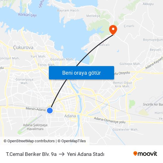 T.Cemal Beriker Blv. 9a to Yeni Adana Stadı map