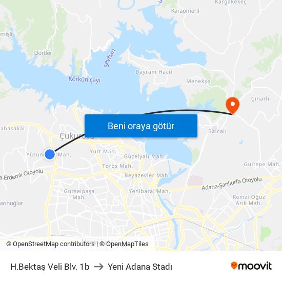 H.Bektaş Veli Blv. 1b to Yeni Adana Stadı map