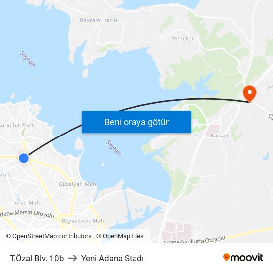 T.Özal Blv. 10b to Yeni Adana Stadı map