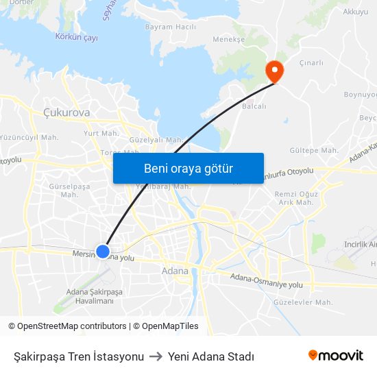Şakirpaşa Tren İstasyonu to Yeni Adana Stadı map