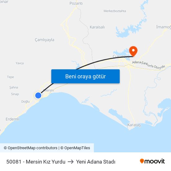 50081 - Mersin Kız Yurdu to Yeni Adana Stadı map