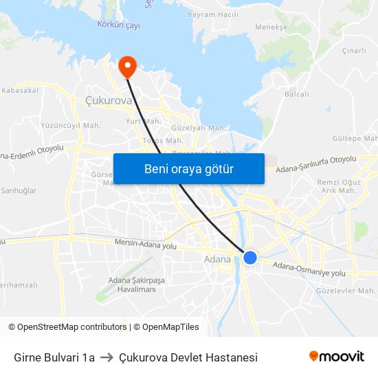 Girne Bulvari 1a to Çukurova Devlet Hastanesi map