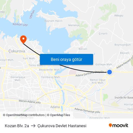 Kozan Blv. 2a to Çukurova Devlet Hastanesi map