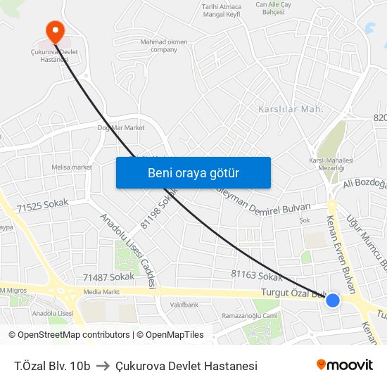 T.Özal Blv. 10b to Çukurova Devlet Hastanesi map