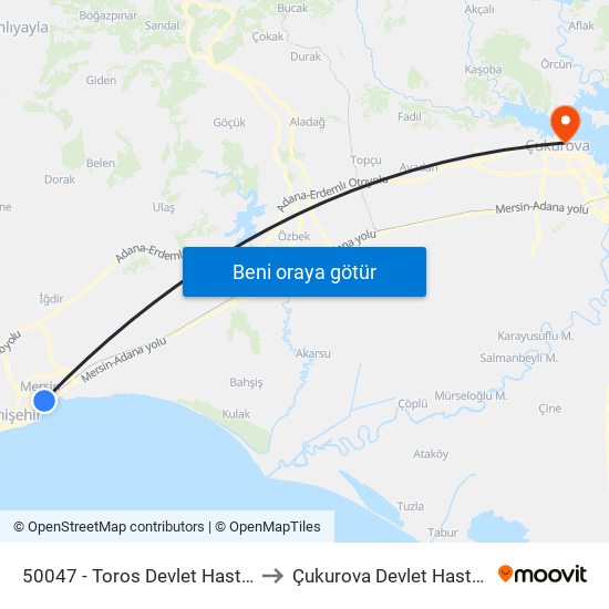 50047 - Toros Devlet Hastanesi to Çukurova Devlet Hastanesi map