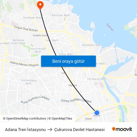 Adana Tren İstasyonu to Çukurova Devlet Hastanesi map