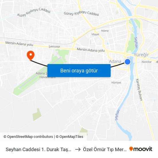 Seyhan Caddesi 1. Durak Taşköprü to Özel Ömür Tıp Merkezi map