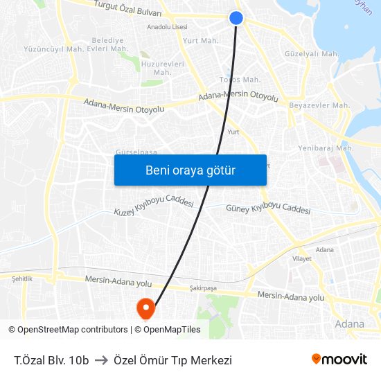 T.Özal Blv. 10b to Özel Ömür Tıp Merkezi map
