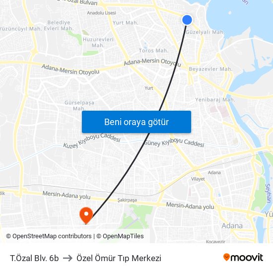 T.Özal Blv. 6b to Özel Ömür Tıp Merkezi map
