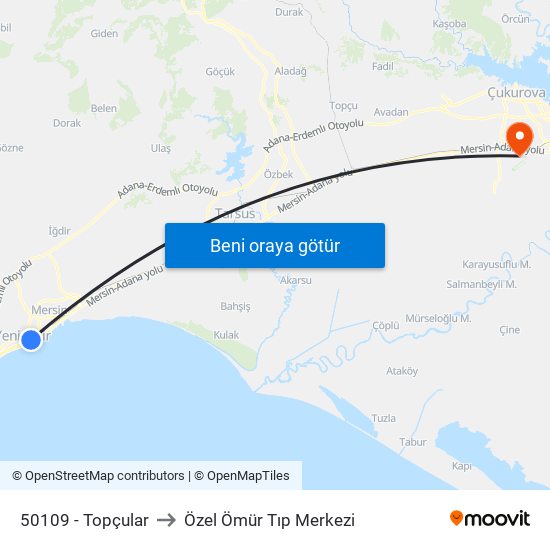 50109 - Topçular to Özel Ömür Tıp Merkezi map
