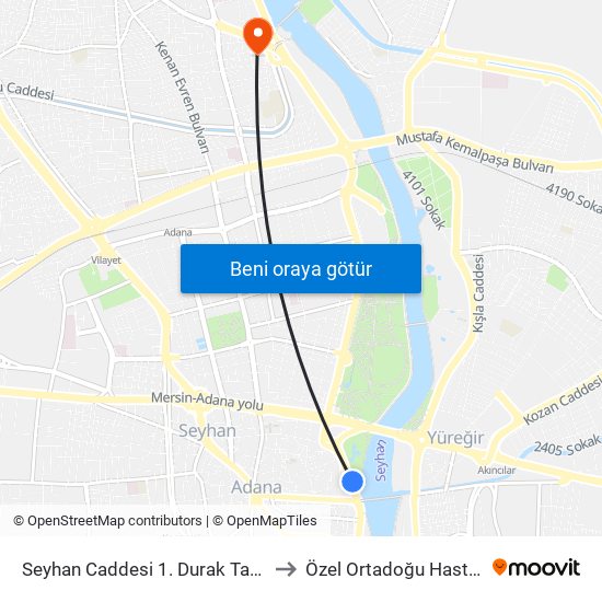 Seyhan Caddesi 1. Durak Taşköprü to Özel Ortadoğu Hastanesi map