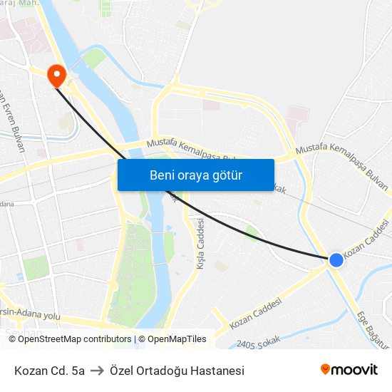 Kozan Cd. 5a to Özel Ortadoğu Hastanesi map