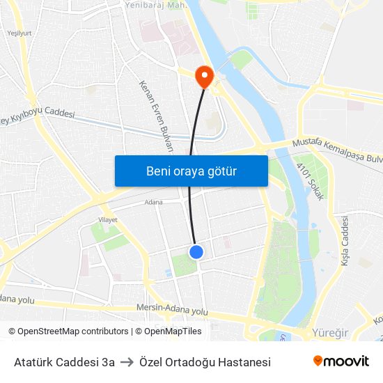 Atatürk Caddesi 3a to Özel Ortadoğu Hastanesi map