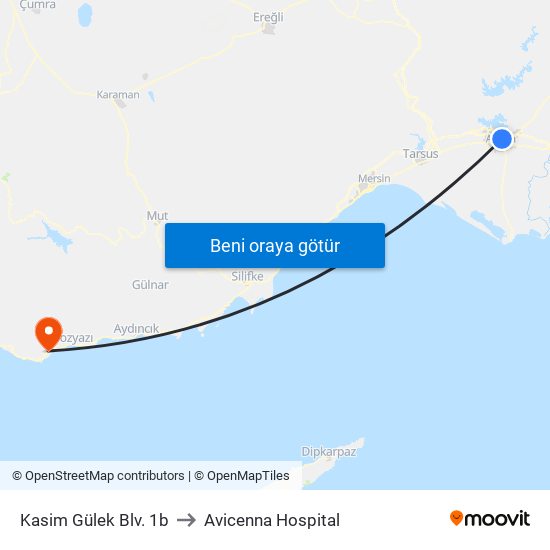 Kasim Gülek Blv. 1b to Avicenna Hospital map