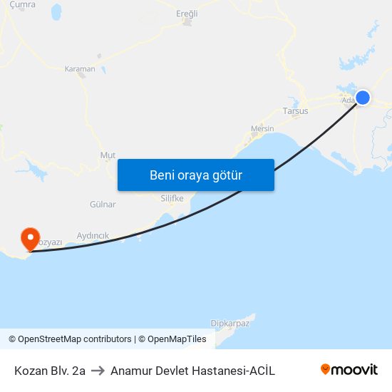 Kozan Blv. 2a to Anamur Devlet Hastanesi-ACİL map